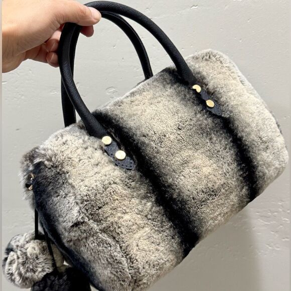2 Tone Gradient Real Rex Rabbit Fur Boston Bag/Crossbody & 2 Fur Balls Charm - Picture 7 of 16